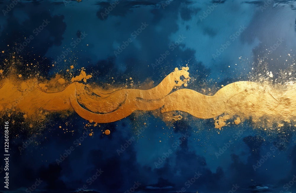 Poster abstract art piece featuring flowing golden lines on deep blue background. fluid, dynamic design evo