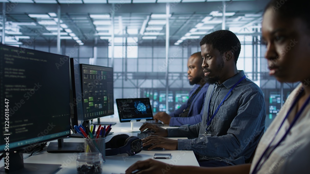 Poster team of engineers in data center developing and maintaining disaster recovery plans ensuring minimal