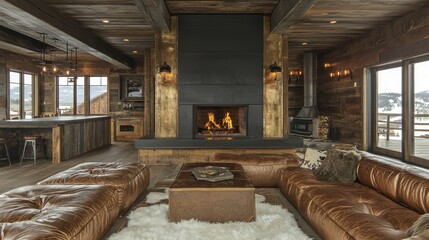 Rustic Mountain Lodge Living Room with Fireplace