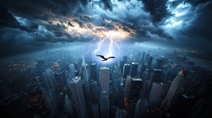 A dramatic city skyline at night, skyscrapers plunged into darkness, illuminated only by lightning slicing through ominous hurricane clouds