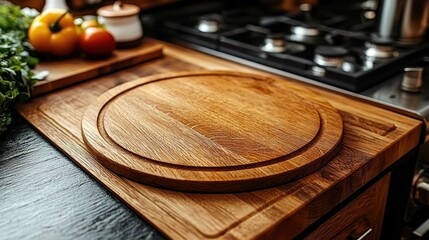 Obraz premium Wooden cutting board kitchen counter mockup