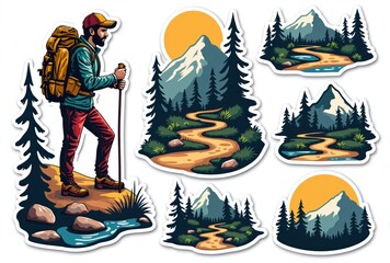 Set of Five Hiking and Mountain Landscape Stickers