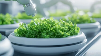 A dynamic scene of robotic arms sorting vegetables on a conveyor belt as a farmer oversees the process, guided by an agricultural engineers expertise