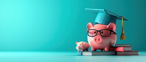 A piggy bank wearing glasses and a graduation cap, surrounded by books, symbolizing financial education.