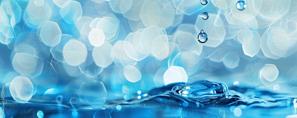 Poster Blue liquid surface with bokeh effect and splashing water creating ripples