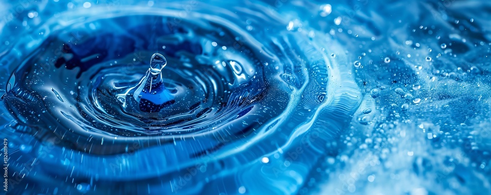 Poster water droplet falling and creating concentric ripples on a serene blue surface
