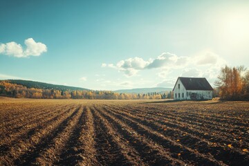 Obraz premium The peasant house sits gracefully in a serene natural environment. The sky is clear and sunny during autumn.