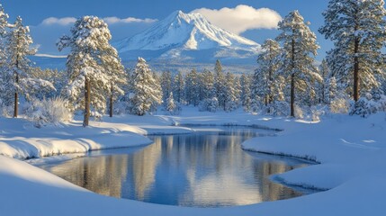 Majestic Winter Wonderland: Snow-Covered Pines Reflecting on a Serene Lake with a Mountain in the Background