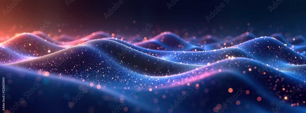 Poster Abstract tech background with glowing particles. Dynamic wave patterns in dark blue, light orange. Digital art style. Hypnotic, futuristic design. Modern tech aesthetic. Intriguing energy waves.