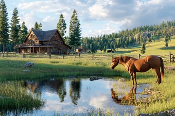 Envision a magical setting with a sprawling country ranch, a large wooden house, an expansive horse paddock, and numerous towering trees.