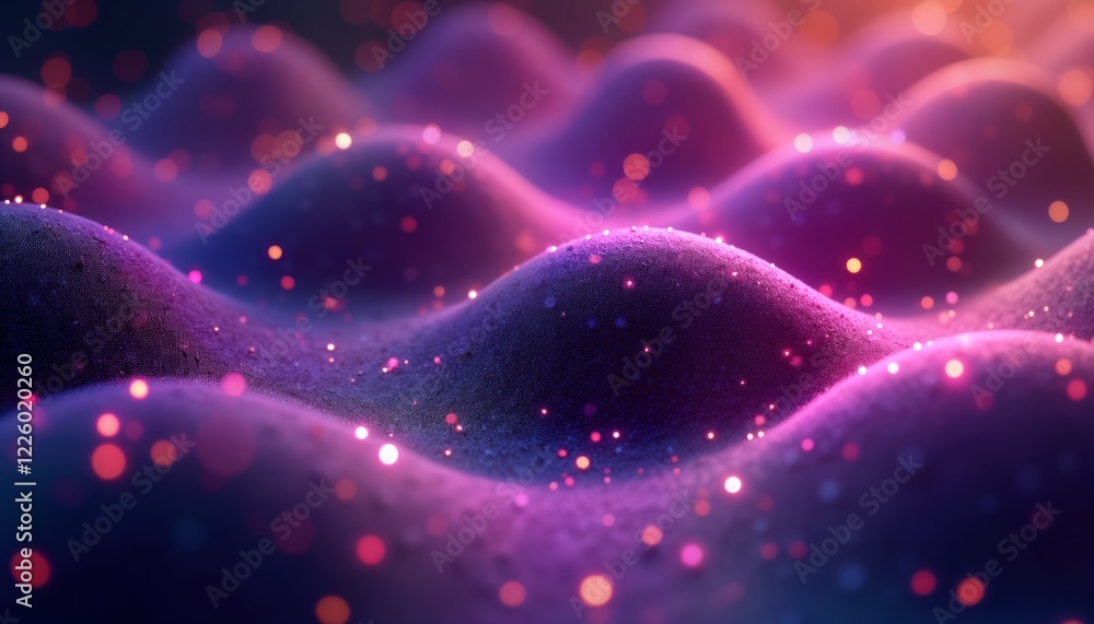 Poster Abstract 3D purple background with glowing lights. Soft, smooth surface with shimmering patterns. Futuristic design with vibrant colors. Ideal for wallpaper graphic design projects. Suggests dreamy