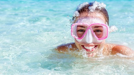 Naklejka premium Happy woman snorkeling in turquoise ocean water