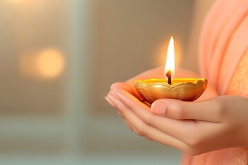 A girl holding a burning diya in her hands. Generative AI