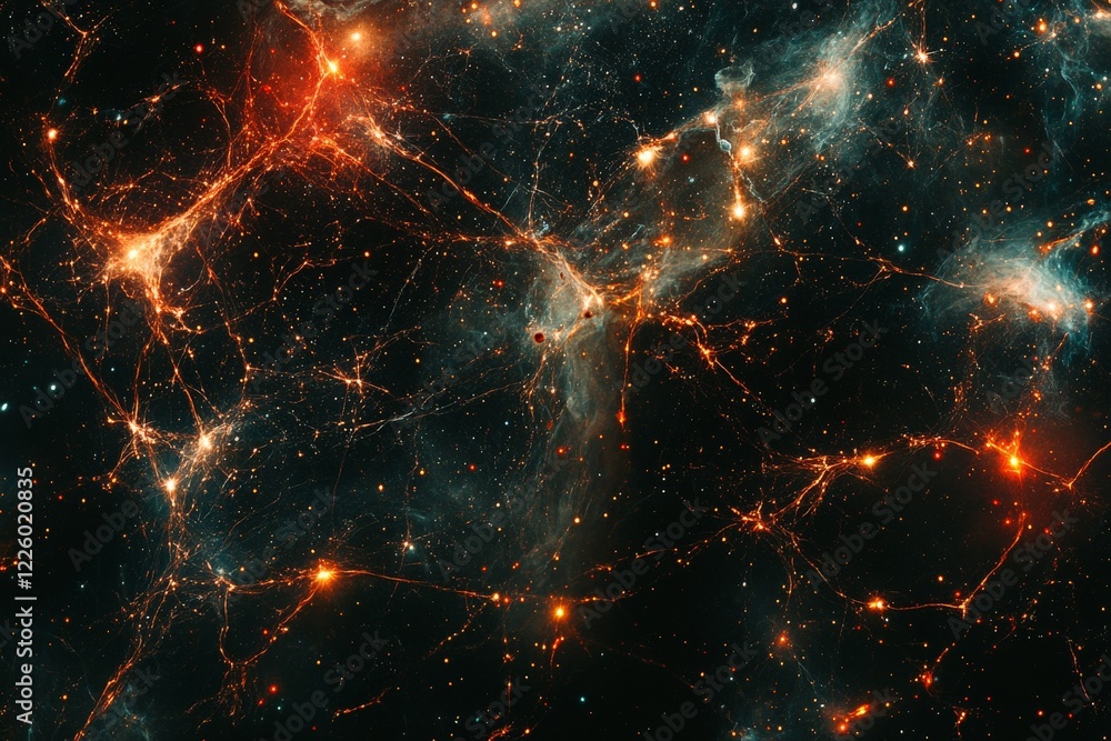 Poster Celestial web of cosmic structures revealed in deep space photography showcasing stellar networks and glowing filaments