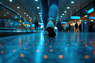 Fototapeta premium Walking through a busy airport terminal with glowing floor lights at night