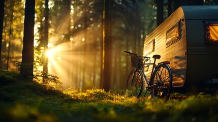 Fototapeta premium Close-up of a vintage caravan and bicycles in a glowing forest, soft pastel tones, cinematic realism, sunny beams of light creating contrast