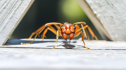Naklejka premium Closeup of a Red Ant on Wood Surface, Detailed Insect Macro Photography