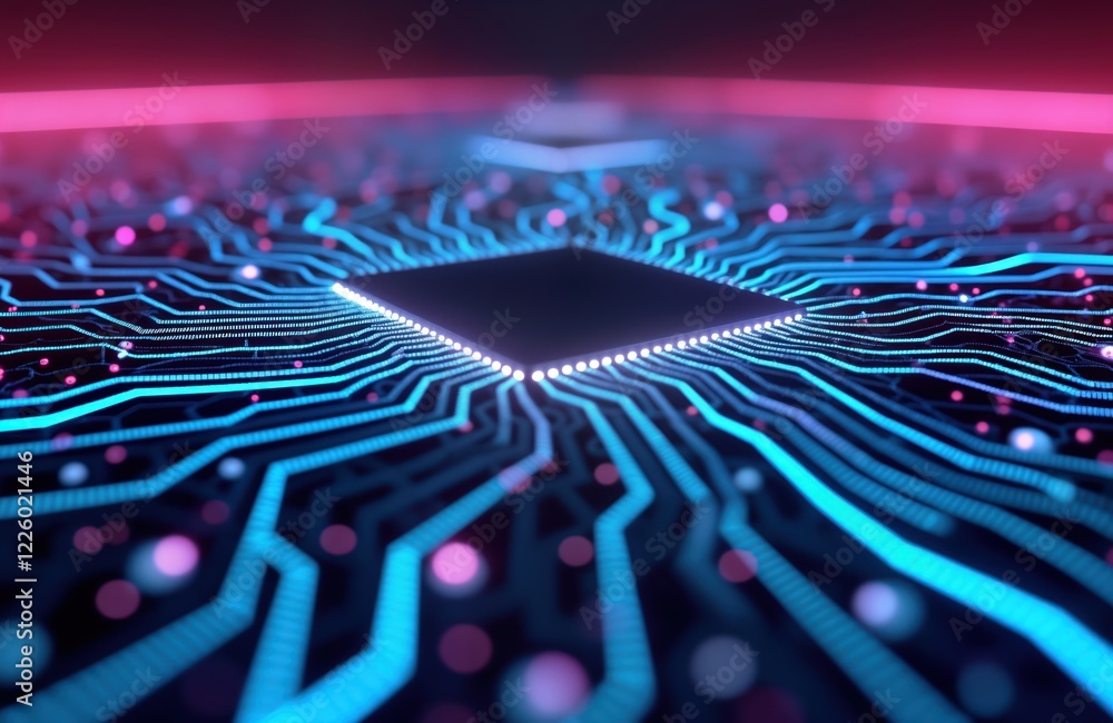 Fototapete Abstract view of complex tech system. Neon blue lines, circuits. Central processor chip glows. Futuristic digital universe. High-tech cyber background. Complex network of data pathways. Virtual