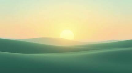 Soft rolling hills under a pastel sunset sky, with smooth gradients of green and yellow