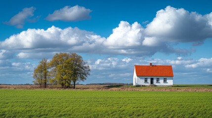 Obraz premium The bright exterior of a ranch-style home gleams on a sunny day under a brilliant blue sky.