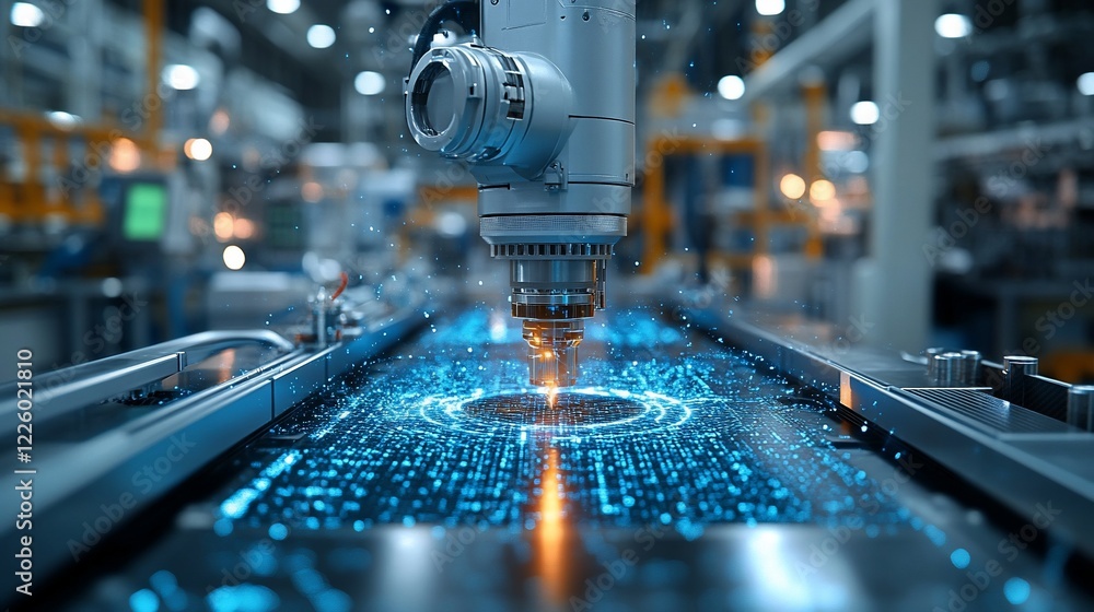 Poster automated robotic arm welding on assembly line.