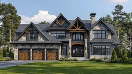 A ranch-style residence with a grand, barn-style garage door that beautifully merges traditional aesthetics with modern touches.