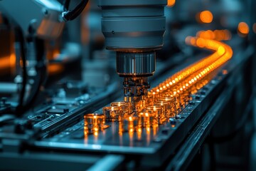 Robotic arm precision in automated manufacturing process under warm lighting in a factory setting