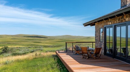 Fototapeta premium ranch house boasting an expansive back deck with breathtaking panoramic views of the surrounding nature