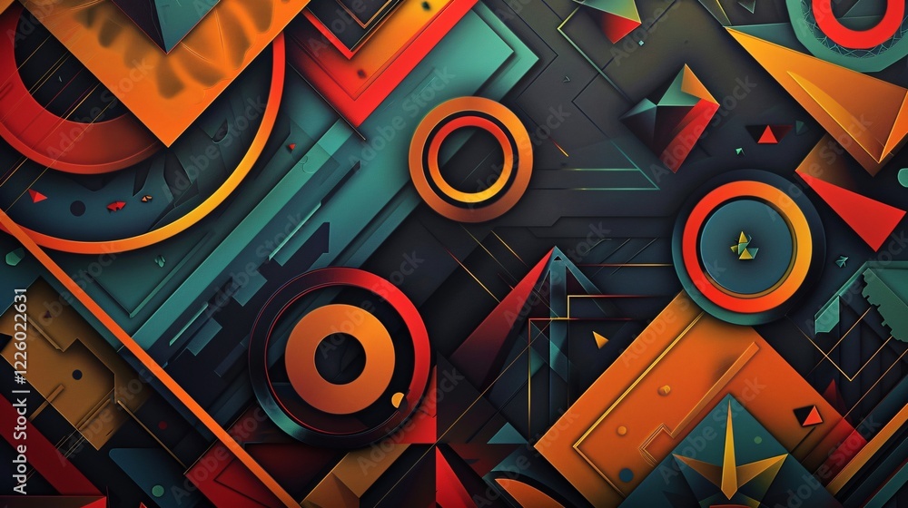Poster Retro-style abstract background featuring various geometric shapes in a three-dimensional design
