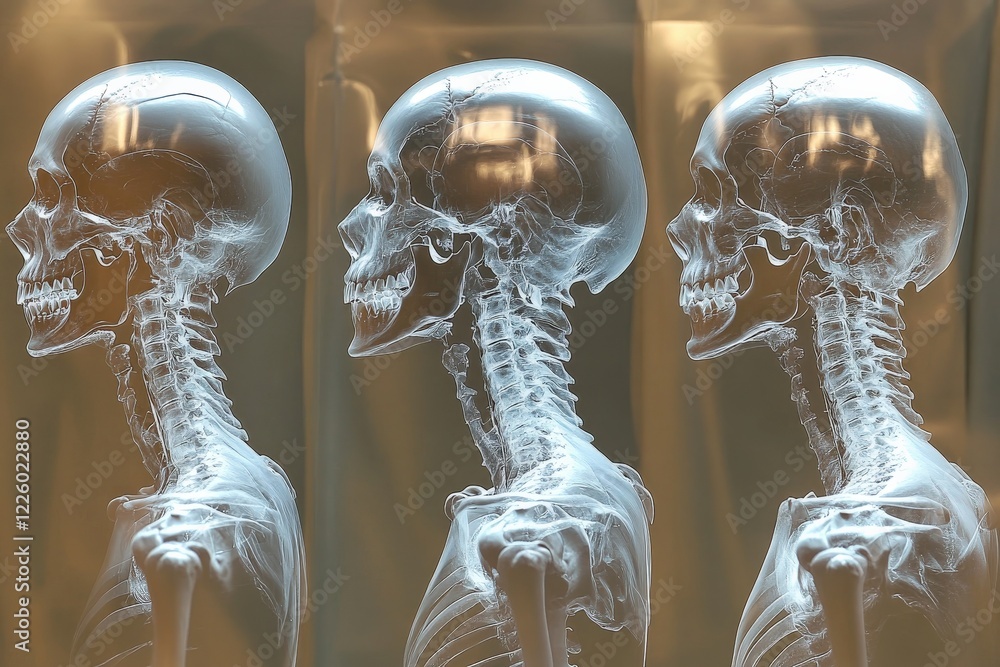 Aufkleber X-ray images showing detailed views of human skull and cervical spine from different angles in a medical setting
