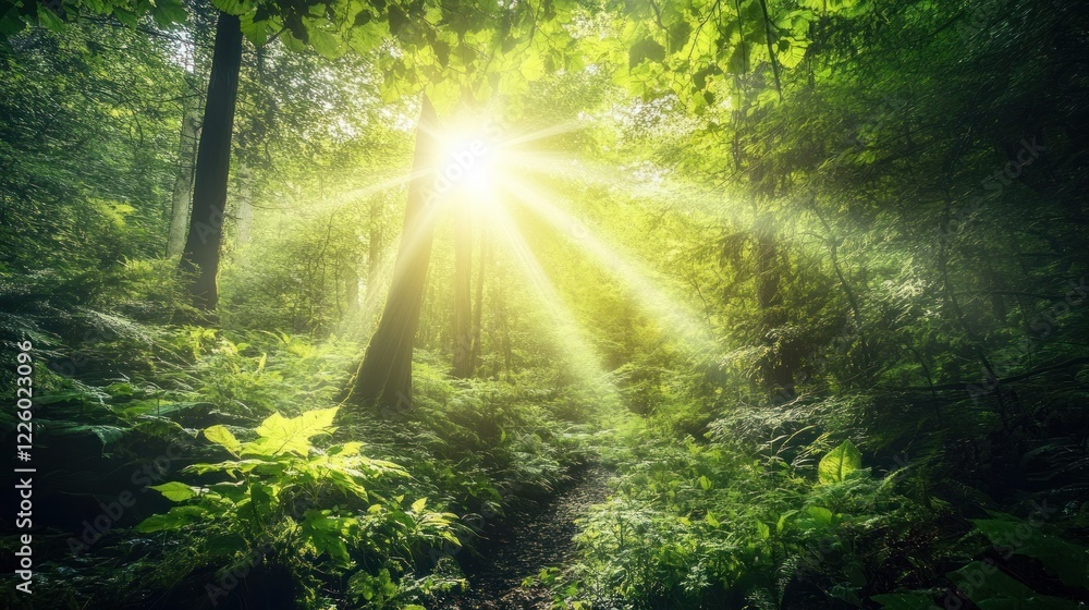 Poster sunlight filtering through a dense forest canopy creating a beautiful and lush scene