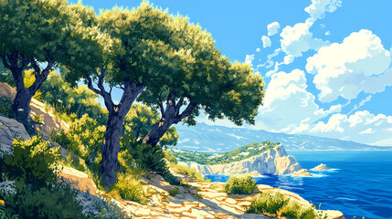 Olive grove on a cliffside with blue sky and sea, nature, grove. Majestic Grove. Illustration