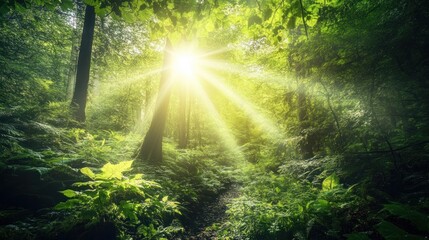 Obraz premium Sunlight Filtering Through a Dense Forest Canopy Creating a Beautiful and Lush Scene