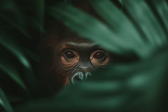 Intense monkey stare through jungle leaves evokes curiosity