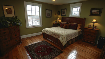 Rustic bedroom interior design, hardwood floors, cozy atmosphere, winter view