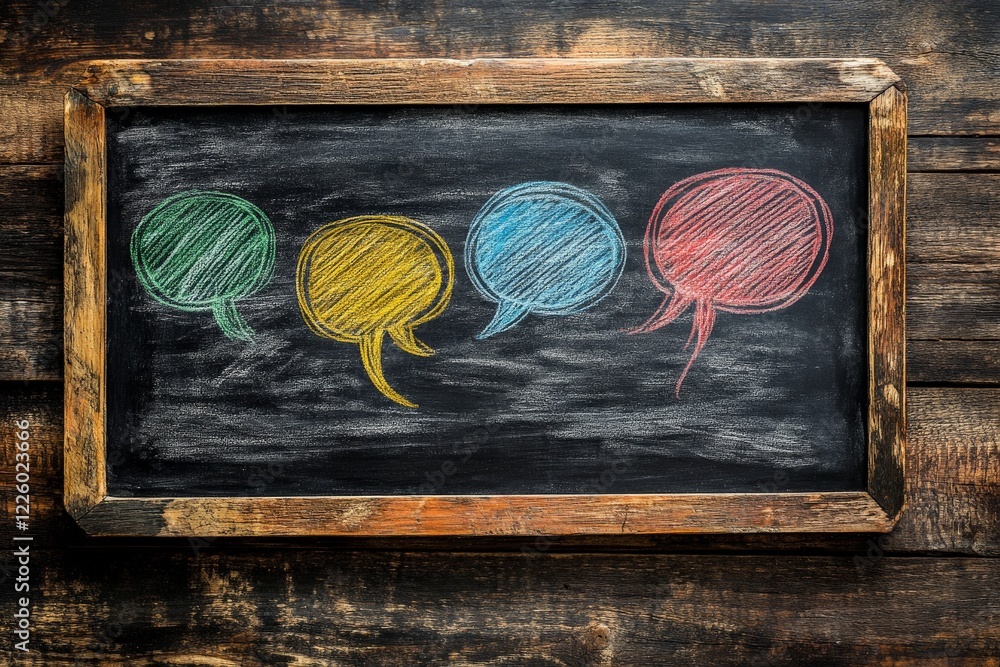 Poster colorful chalk speech bubbles on a blackboard create an inviting backdrop for discussion and creativ