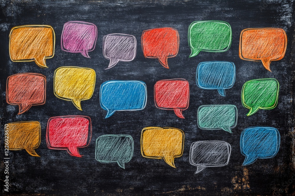 Poster Colorful speech bubbles drawn on a blackboard create a vibrant and engaging atmosphere for discussions and creativity