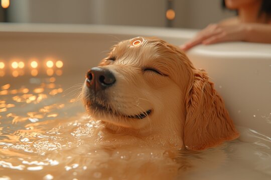 Golden retriever enjoying a relaxing bath in a cozy home spa with calming lights in the background