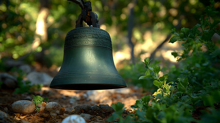 Obraz premium Rustic bronze bell hanging outdoors, sunlight through leaves, garden background, meditation