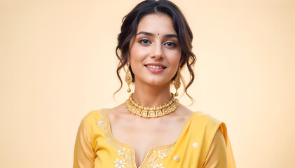 A young woman with dark hair smiles, wearing a yellow embroidered saree, gold necklace, earrings. Soft, warm lighting enhances her beauty.