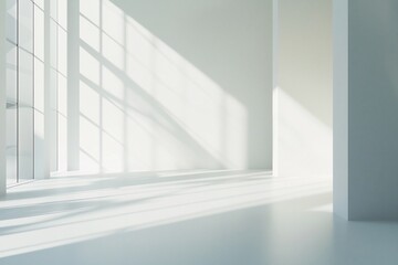 Fototapeta premium Bright, minimalistic interior with sunlight casting shadows, creating a serene atmosphere for relaxation