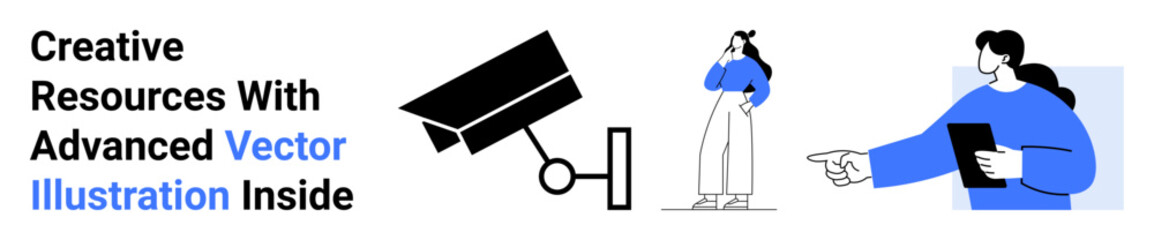 Security camera, woman thoughtfully examining, man holding tablet and gesturing. Ideal for technology, data analysis, security, teamwork, communication, problem-solving flat landing page banner