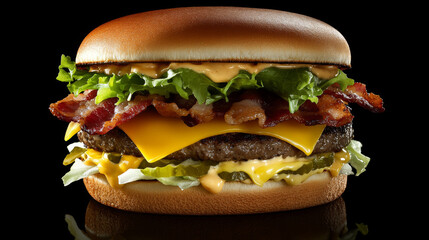 A juicy burger stacked with fresh lettuce, melted cheese, and crispy bacon.