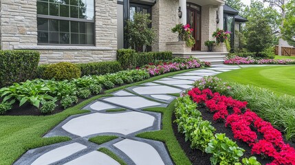Obraz premium A suburban ranch graced by an art deco-inspired garden, characterized by symmetrical patterns, striking geometric figures, and vivid plant life.