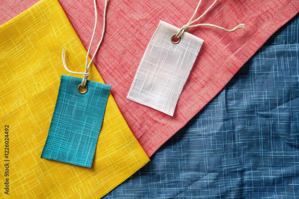 Poster Two blank labels hanging on colorful fabrics waiting to be customized with your text