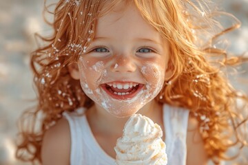 Joyful child enjoying ice cream on a sunny beach with sandy backdrop, capturing a moment of happiness and laughter