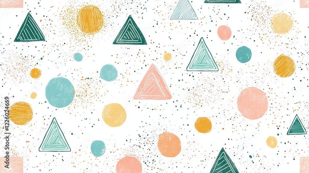 Poster colorful geometric pattern with triangles and circles on white background
