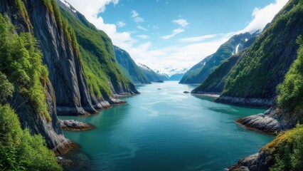 Fototapeta premium Serene mountain fjord landscape with clear blue water and lush green cliffs