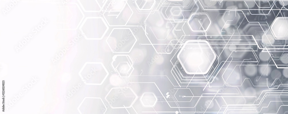 Poster White hexagonal shapes connected by lines over a white and grey background with bokeh