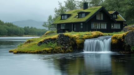 Serene Icelandic Lakeside Cottage with Waterfall